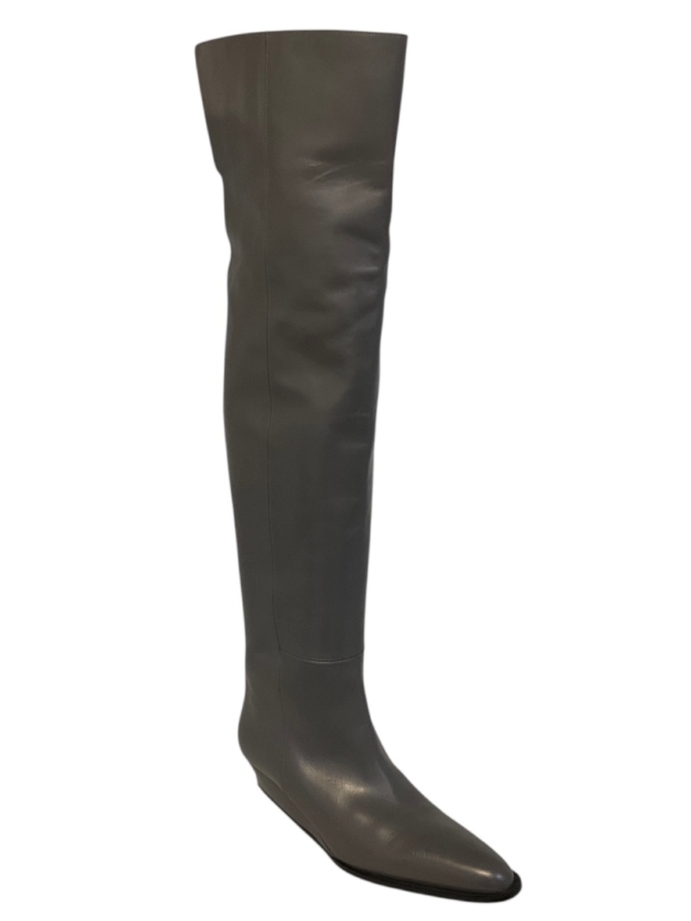 VICTORIA BECKHAM GREY LEATHER TALL OVER THE KNEE LOW WEDGE HEEL BOOTS